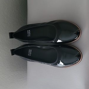 Eileen Fisher Black Patent Notion Ballet Flat Shoes Size 7.5 $155
